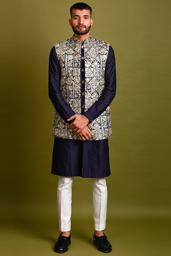 Navy Blue Embroidered Indo-Western Jacket Set by Chatenya Mittal at Pernia's Pop Up Shop