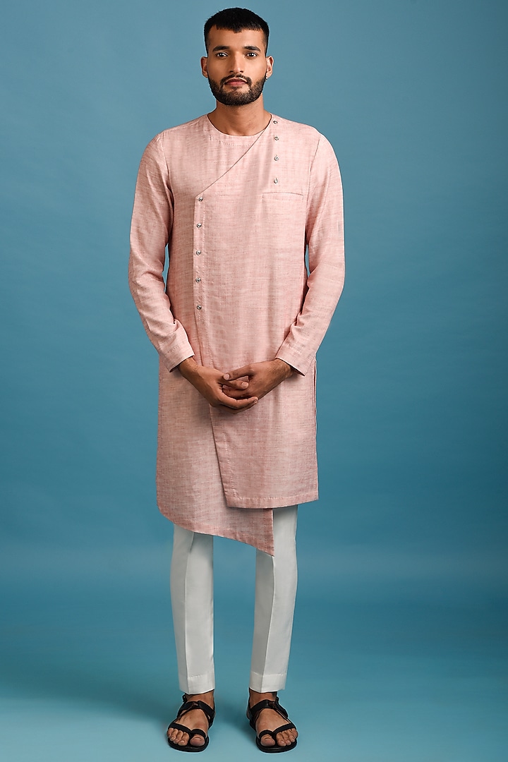 Pink Ombre Cotton Angrakha Kurta Set by Chatenya Mittal