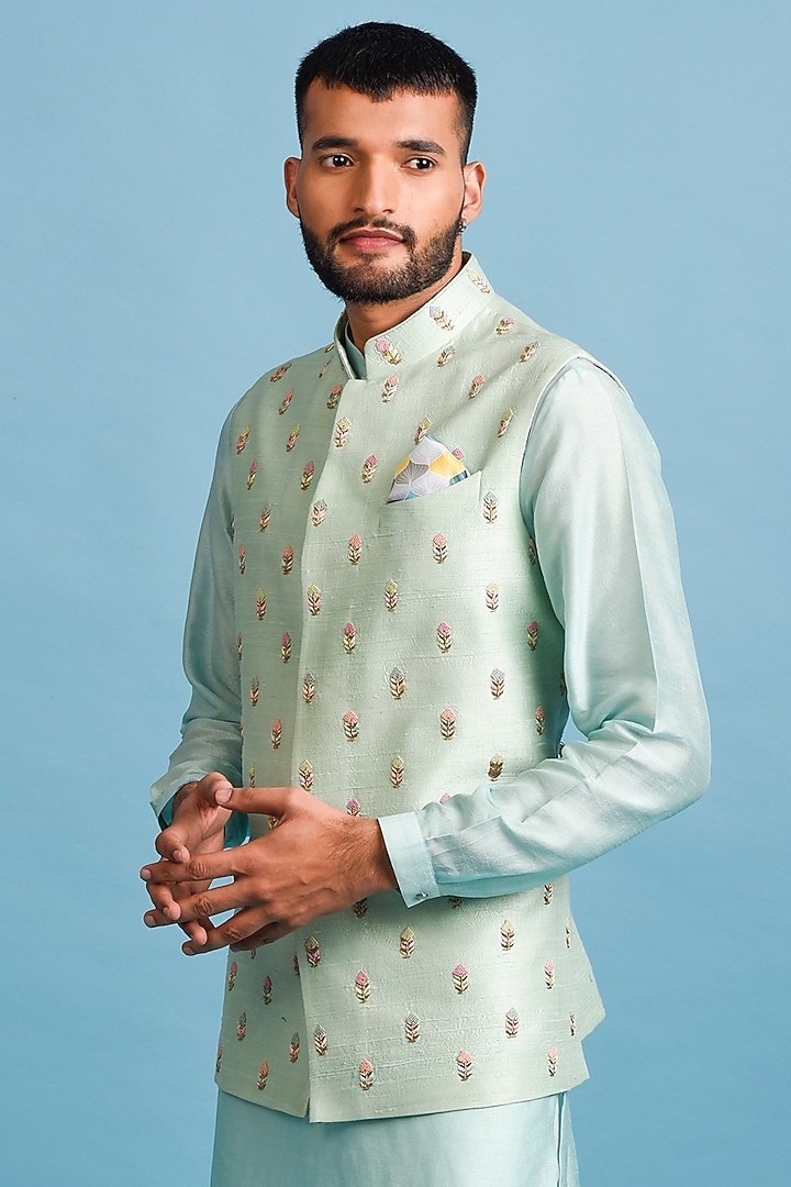 Green Embroidered Nehru Jacket With Kurta Set by Chatenya Mittal at Pernia's Pop Up Shop