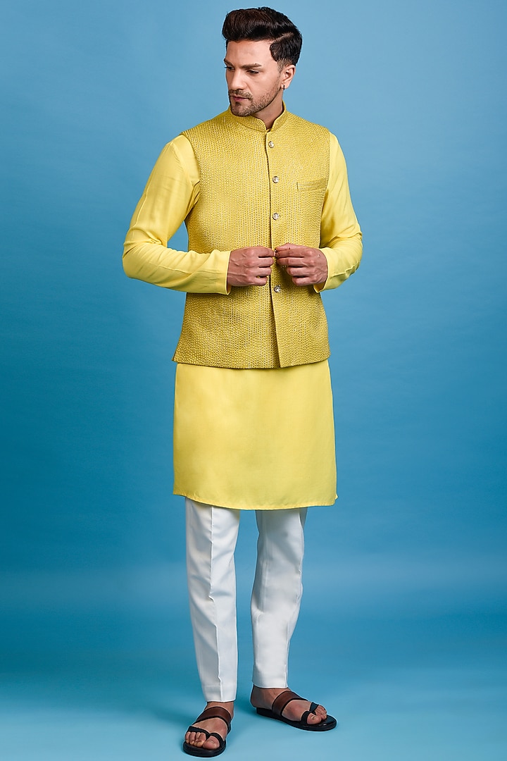 Yellow Embroidered Nehru Jacket With Kurta Set by Chatenya Mittal