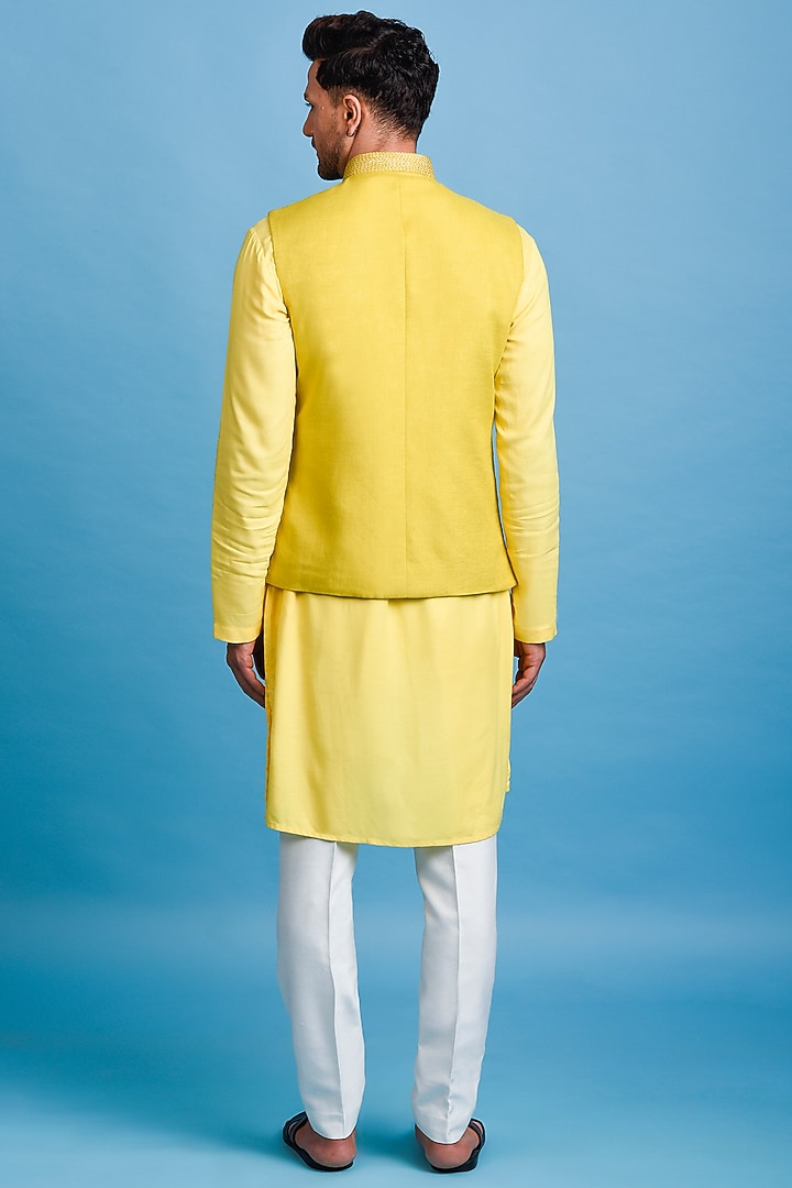 Yellow Embroidered Nehru Jacket With Kurta Set by Chatenya Mittal at Pernia's Pop Up Shop