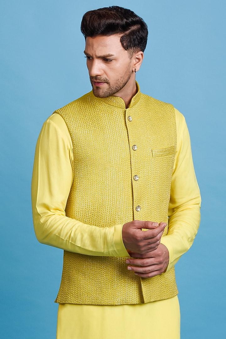 Yellow Embroidered Nehru Jacket With Kurta Set by Chatenya Mittal at Pernia's Pop Up Shop