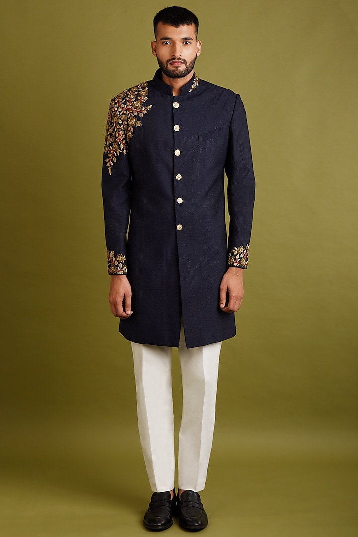 Navy Blue Embroidered Achkan Jacket Set by Chatenya Mittal