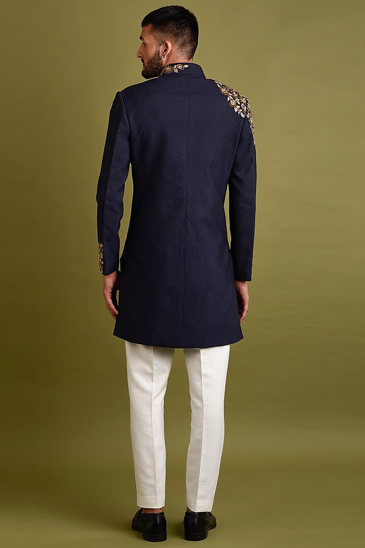Navy Blue Embroidered Achkan Jacket Set by Chatenya Mittal at Pernia's Pop Up Shop