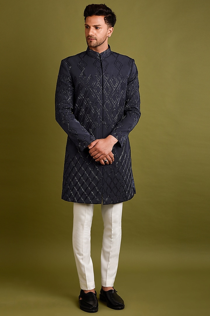 Black-Blue Embroidered Achkan Jacket Set by Chatenya Mittal