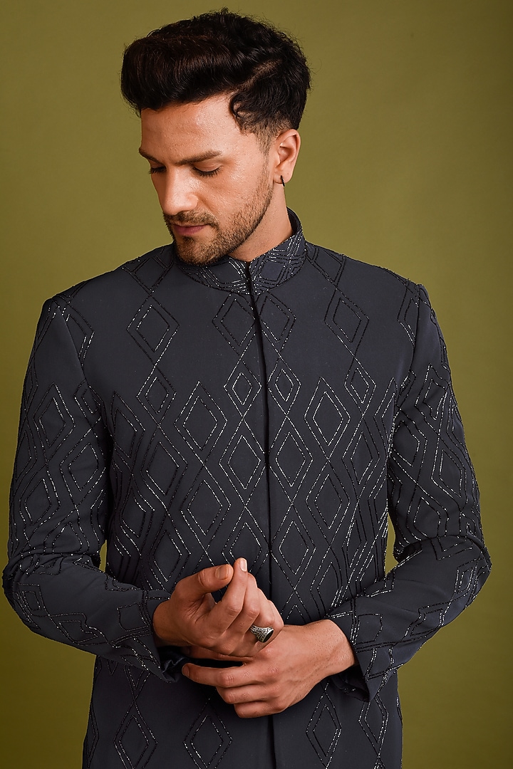 Black-Blue Embroidered Achkan Jacket Set by Chatenya Mittal at Pernia's Pop Up Shop