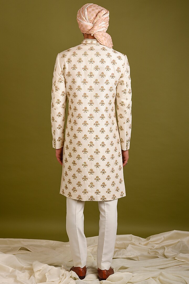 Beige Raw Silk Sequins Embroidered Groom Sherwani Set by Chatenya Mittal at Pernia's Pop Up Shop