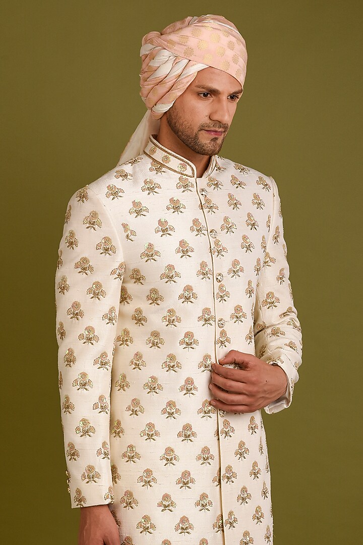 Beige Raw Silk Sequins Embroidered Groom Sherwani Set by Chatenya Mittal at Pernia's Pop Up Shop