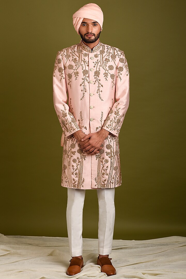 Pink-Peach Embroidered Sherwani Set by Chatenya Mittal