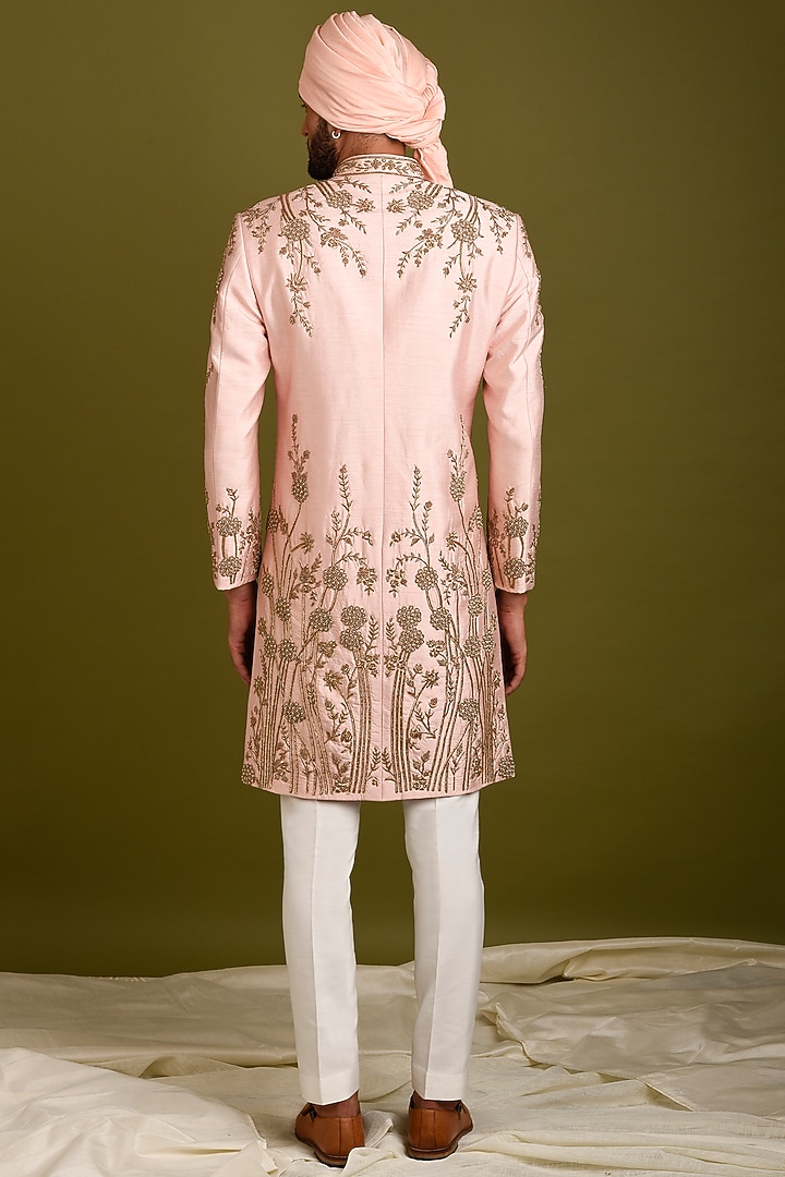 Pink-Peach Silk Floral Embroidered Groom Sherwani Set by Chatenya Mittal at Pernia's Pop Up Shop