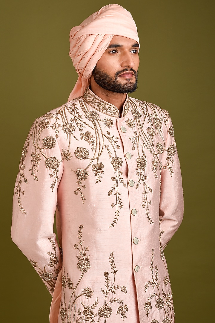 Pink-Peach Silk Floral Embroidered Groom Sherwani Set by Chatenya Mittal at Pernia's Pop Up Shop
