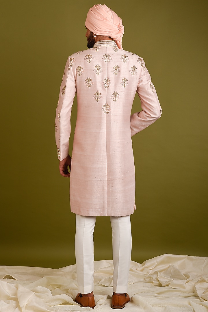 Pink Raw Silk Zari & Dori Embroidered Groom Sherwani Set by Chatenya Mittal at Pernia's Pop Up Shop