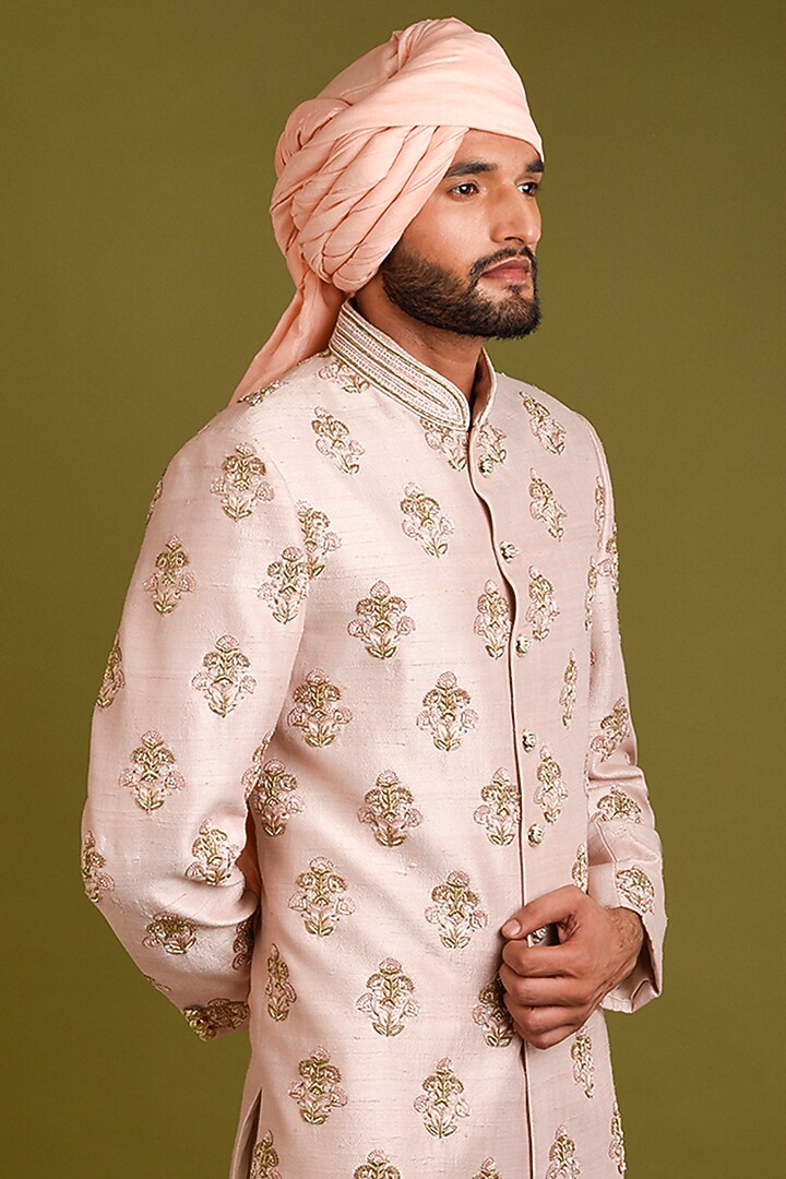 Pink Raw Silk Zari & Dori Embroidered Groom Sherwani Set by Chatenya Mittal at Pernia's Pop Up Shop