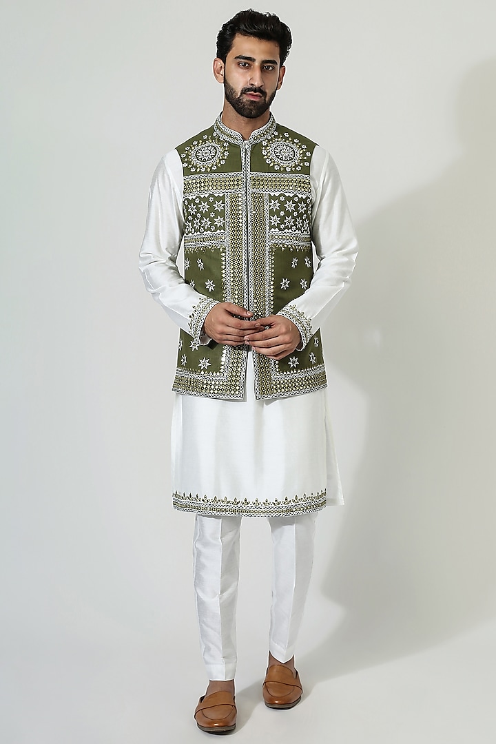 Green Cotton Silk Mirror Work Nehru Jacket Set by Chatenya Mittal