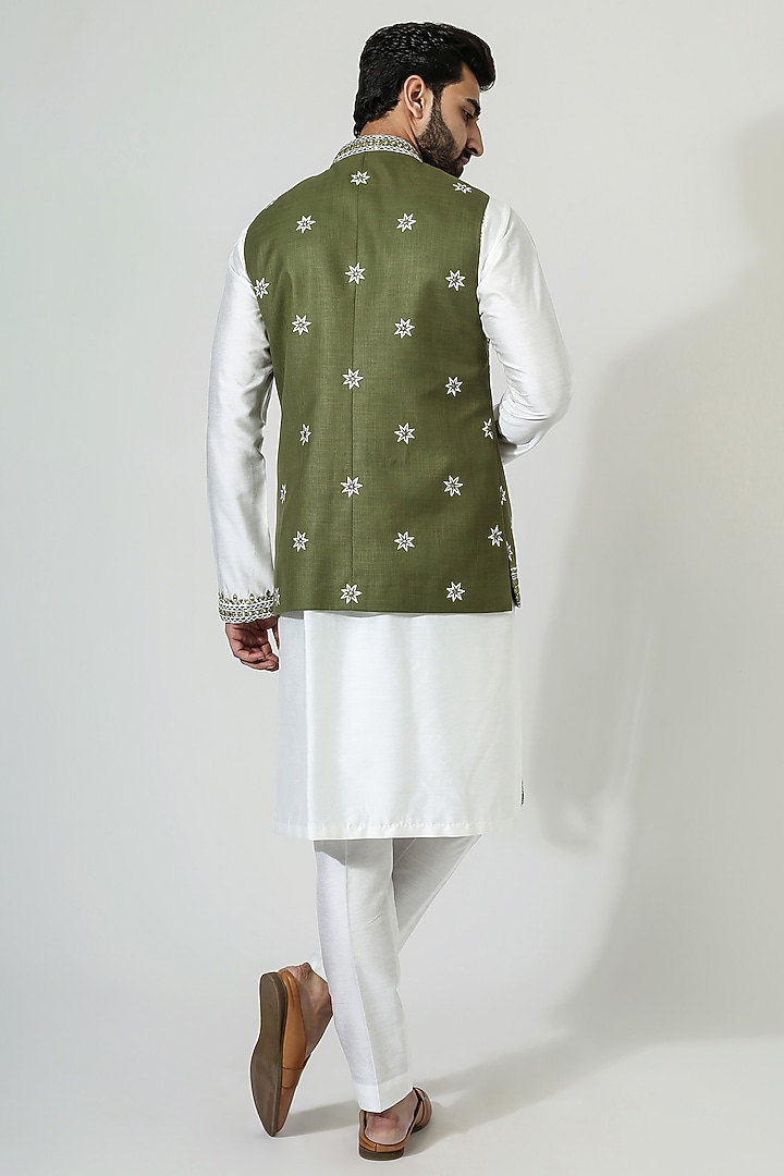 Green Cotton Silk Mirror Work Nehru Jacket Set by Chatenya Mittal at Pernia's Pop Up Shop