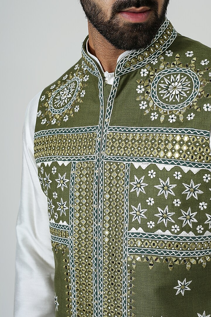 Green Cotton Silk Mirror Work Nehru Jacket Set by Chatenya Mittal at Pernia's Pop Up Shop