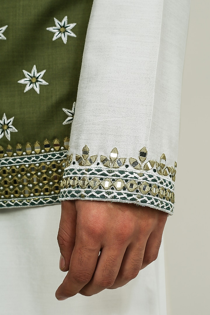 Green Cotton Silk Mirror Work Nehru Jacket Set by Chatenya Mittal at Pernia's Pop Up Shop