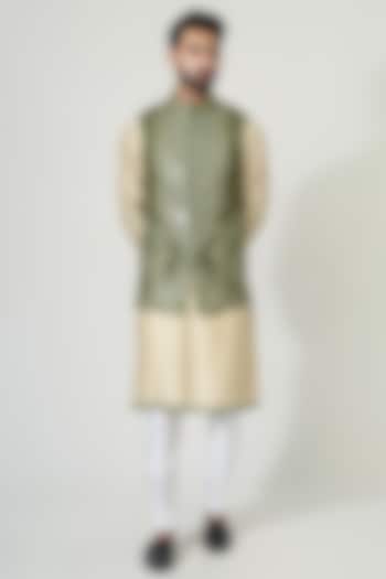 Beige Cotton Silk Mirror Work Nehru Jacket Set by Chatenya Mittal