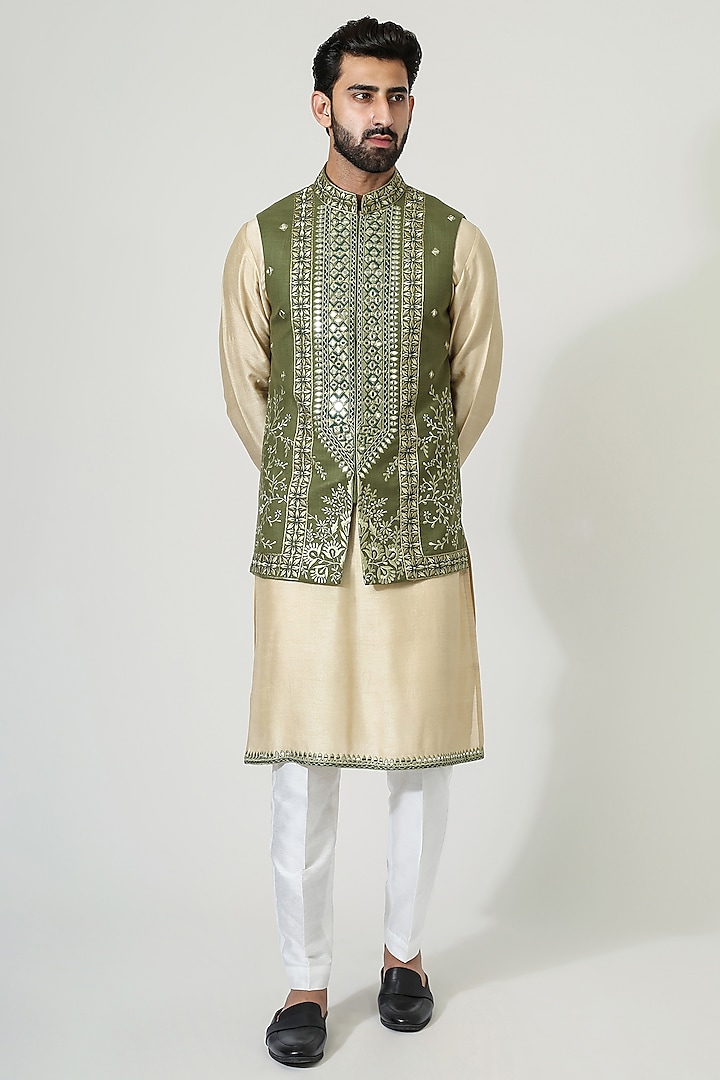 Beige Cotton Silk Mirror Work Nehru Jacket Set by Chatenya Mittal