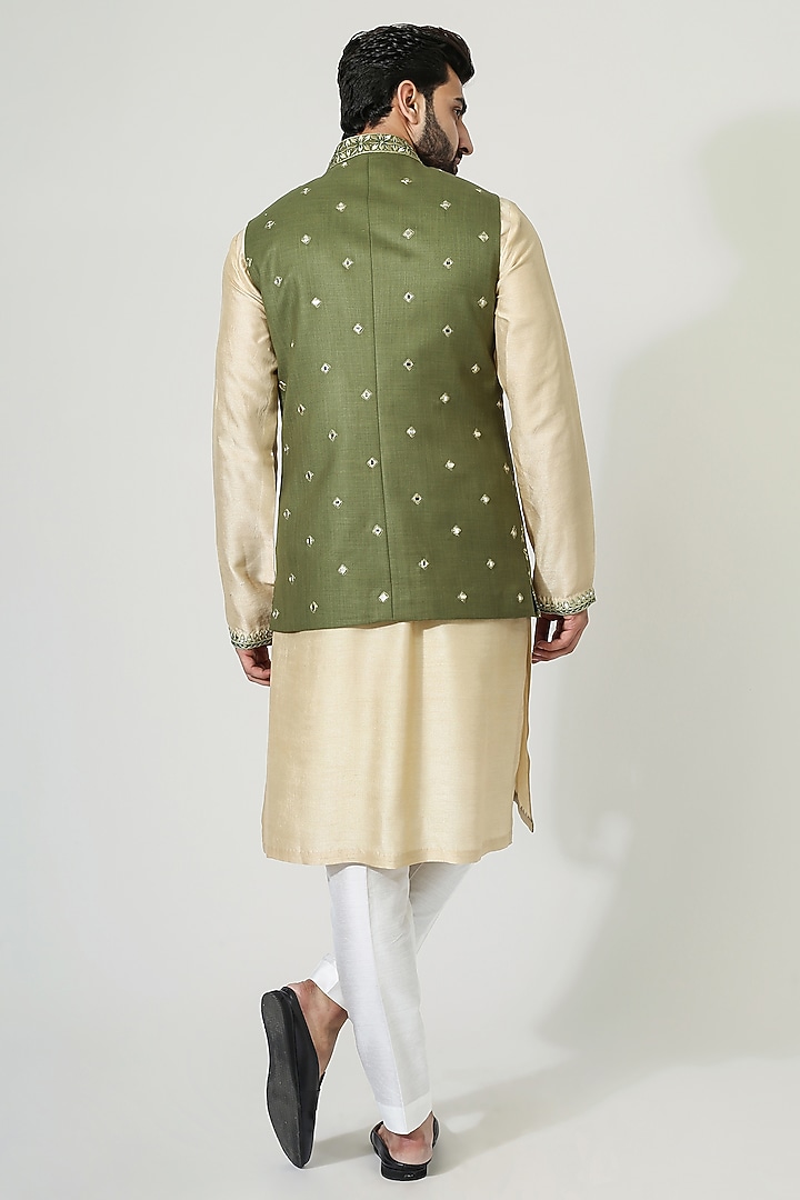 Beige Cotton Silk Mirror Work Nehru Jacket Set by Chatenya Mittal at Pernia's Pop Up Shop