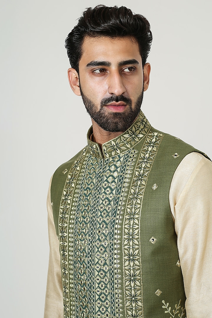 Beige Cotton Silk Mirror Work Nehru Jacket Set by Chatenya Mittal at Pernia's Pop Up Shop