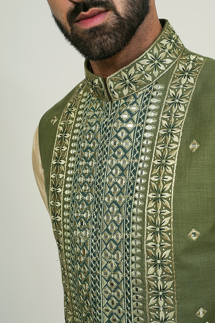 Beige Cotton Silk Mirror Work Nehru Jacket Set by Chatenya Mittal at Pernia's Pop Up Shop