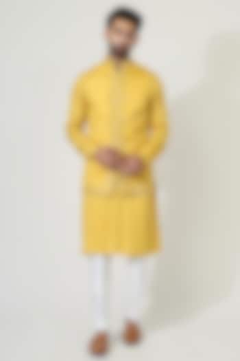 Yellow Cotton Silk Mirror Work Nehru Jacket Set by Chatenya Mittal at Pernia's Pop Up Shop