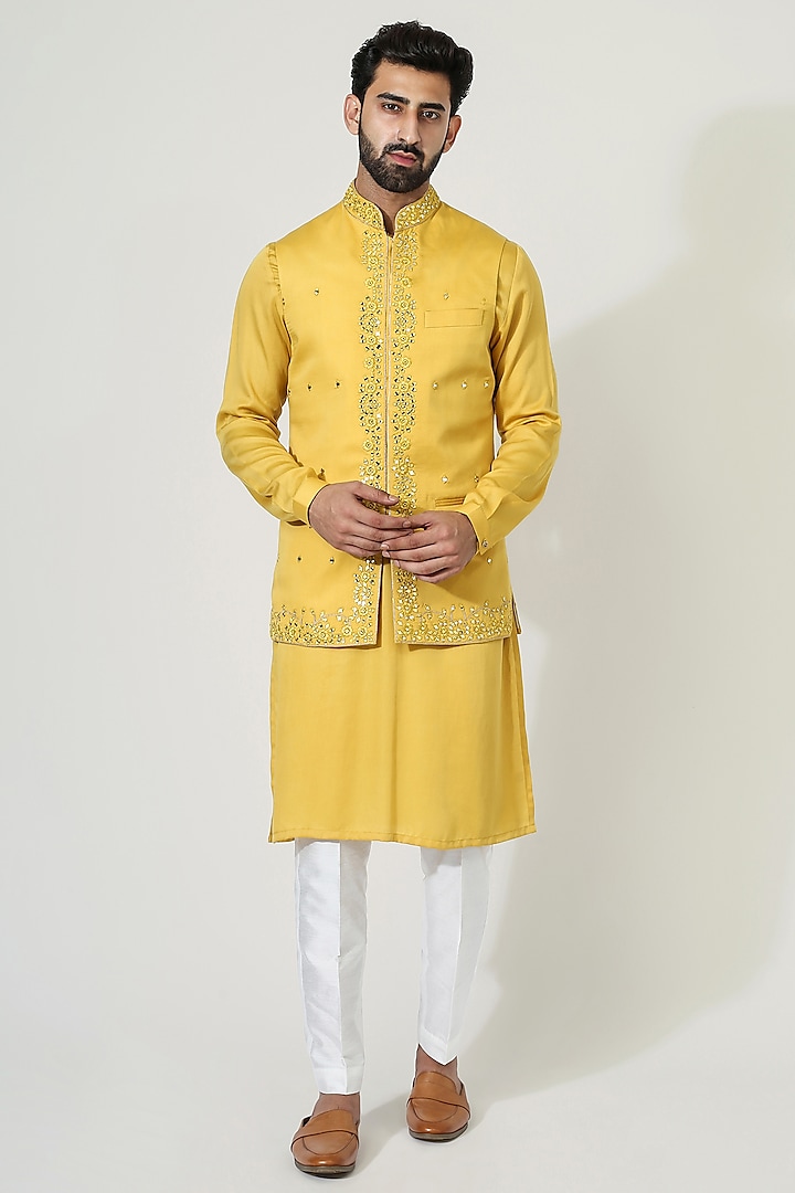 Yellow Cotton Silk Mirror Work Nehru Jacket Set by Chatenya Mittal at Pernia's Pop Up Shop