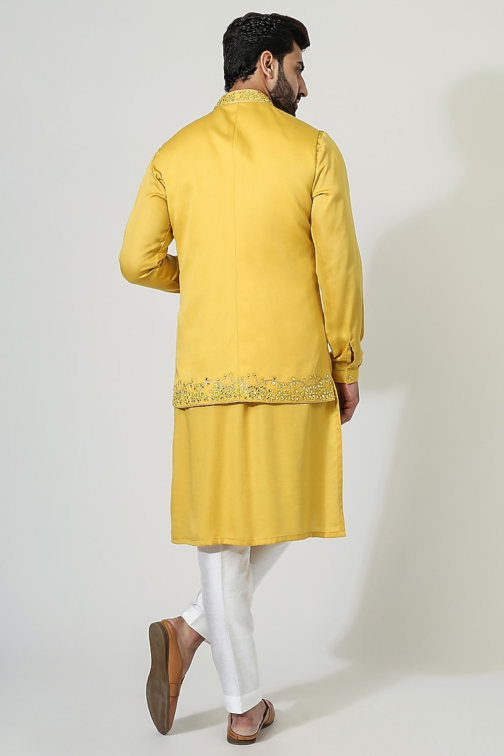 Yellow Cotton Silk Mirror Work Nehru Jacket Set by Chatenya Mittal at Pernia's Pop Up Shop