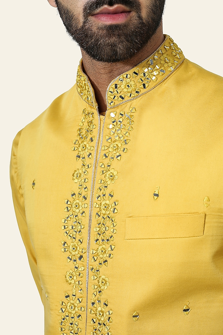 Yellow Cotton Silk Mirror Work Nehru Jacket Set by Chatenya Mittal at Pernia's Pop Up Shop
