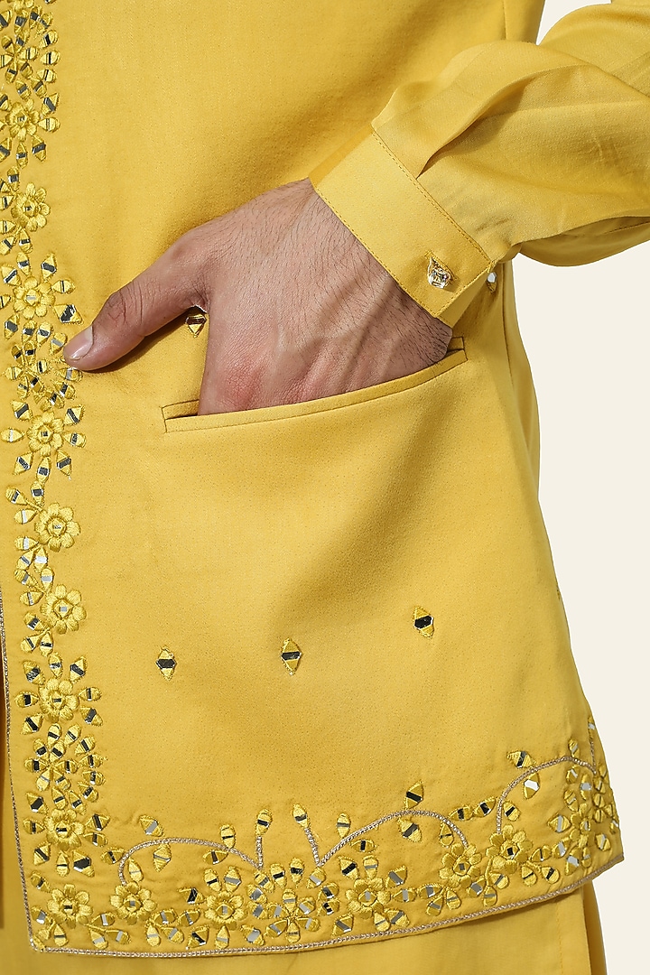 Yellow Cotton Silk Mirror Work Nehru Jacket Set by Chatenya Mittal at Pernia's Pop Up Shop
