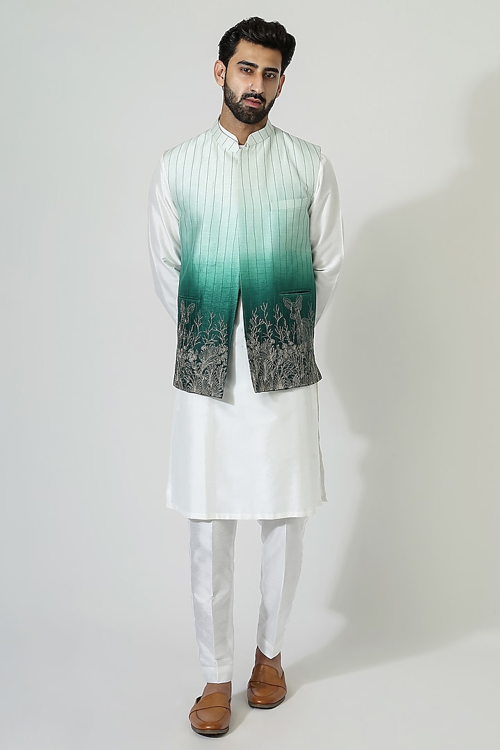 Green Ombre Silk Blend Embroidered Nehru Jacket Set by Chatenya Mittal