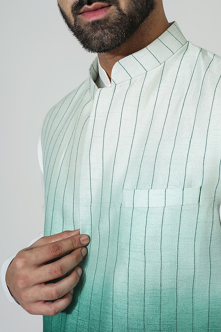 Green Ombre Silk Blend Embroidered Nehru Jacket Set by Chatenya Mittal at Pernia's Pop Up Shop