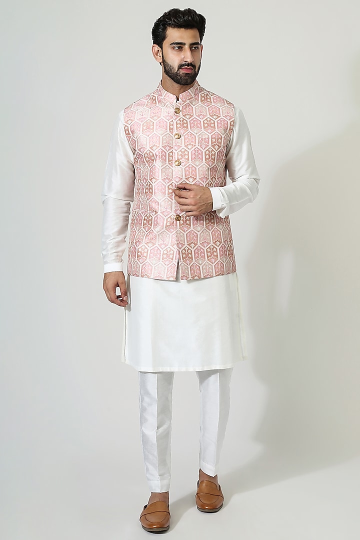 Pastel Red Silk Blend & Cotton Silk Nehru Jacket Set by Chatenya Mittal