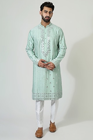Powder Blue Cotton Silk Mirror Work Kurta Set by Chatenya Mittal