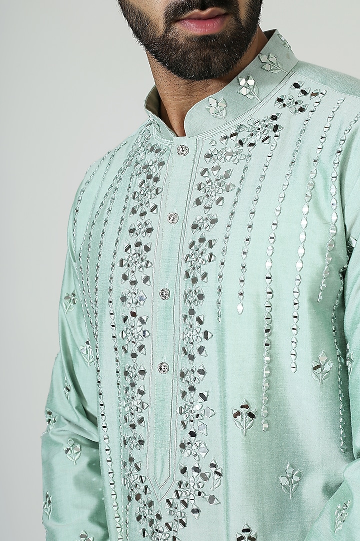 Powder Blue Cotton Silk Mirror Work Kurta Set by Chatenya Mittal at Pernia's Pop Up Shop
