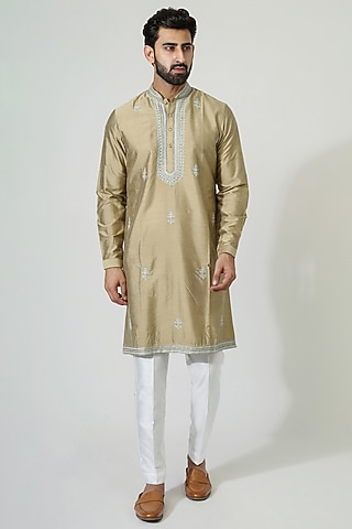 Gold Beige Cotton Silk Aari Embroidered Kurta Set by Chatenya Mittal