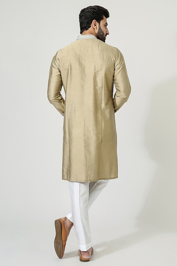 Gold Beige Cotton Silk Aari Embroidered Kurta Set by Chatenya Mittal at Pernia's Pop Up Shop