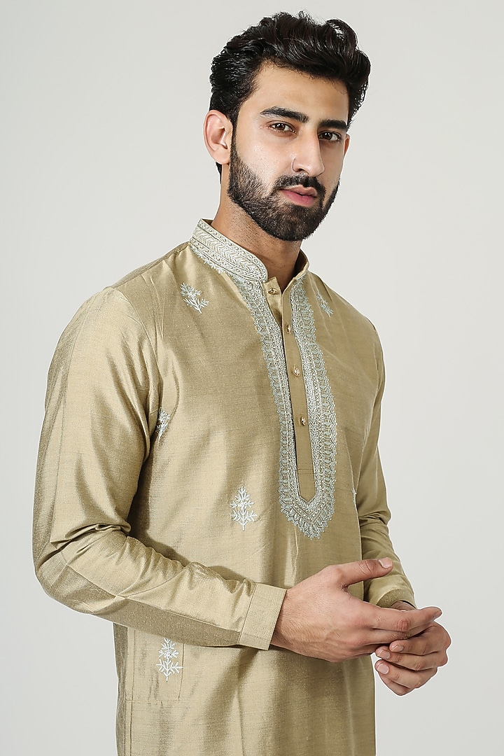 Gold Beige Cotton Silk Aari Embroidered Kurta Set by Chatenya Mittal at Pernia's Pop Up Shop