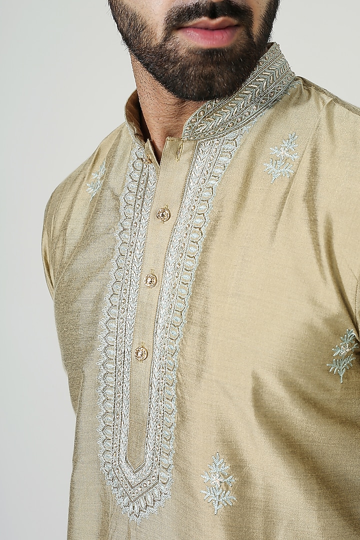 Gold Beige Cotton Silk Aari Embroidered Kurta Set by Chatenya Mittal at Pernia's Pop Up Shop