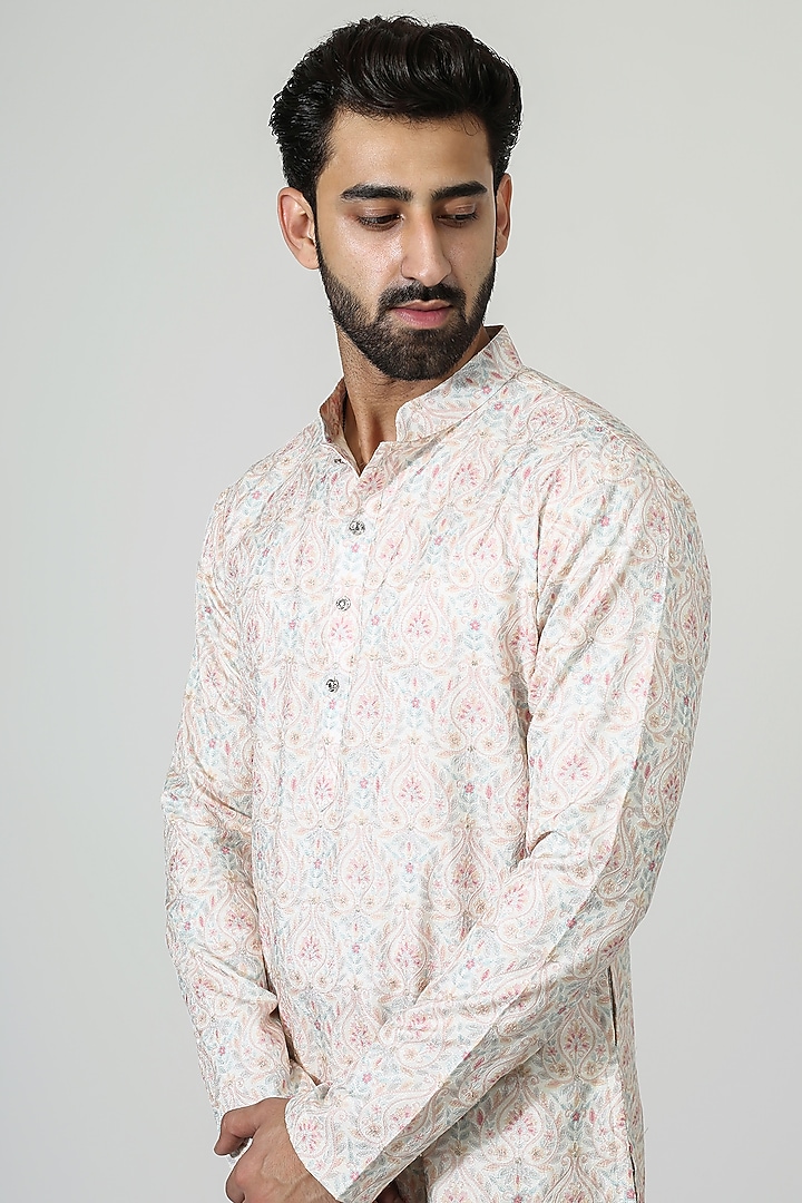 Pastel Cream Silk Blend & Cotton Silk Embroidered Kurta Set by Chatenya Mittal at Pernia's Pop Up Shop