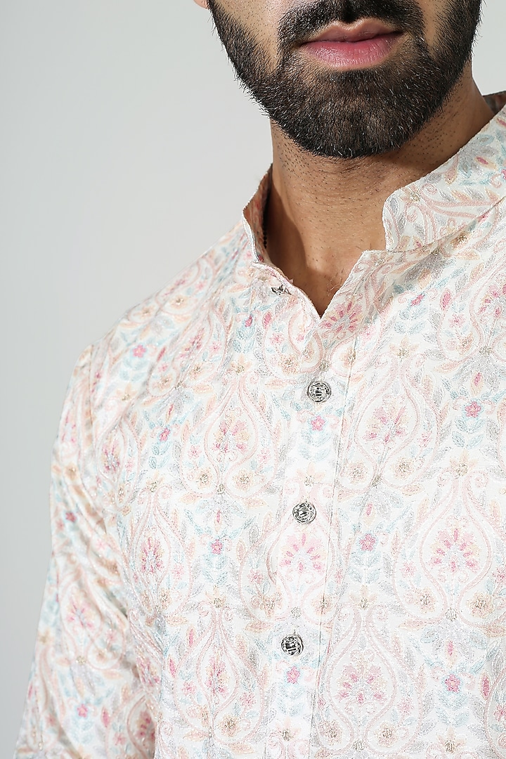 Pastel Cream Silk Blend & Cotton Silk Embroidered Kurta Set by Chatenya Mittal at Pernia's Pop Up Shop