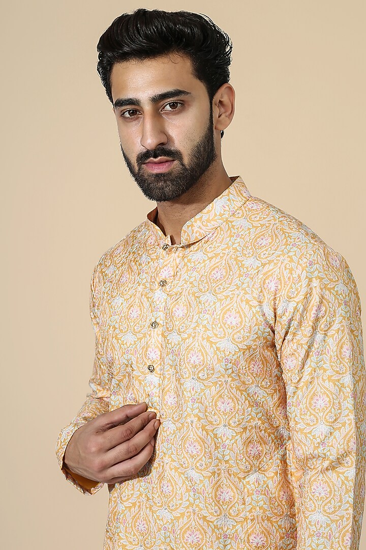 Pastel Orange Silk Blend & Cotton Silk Embroidered Kurta Set by Chatenya Mittal at Pernia's Pop Up Shop