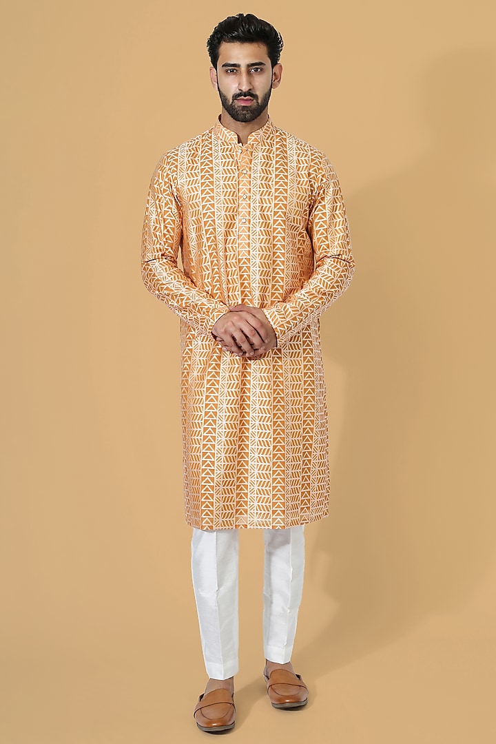 Orange Silk Blend & Cotton Silk Embroidered Kurta Set by Chatenya Mittal