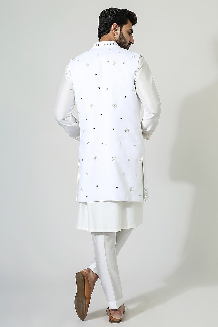 Off-White Linen Cotton Mirror Work Wedding Indowestern Set by Chatenya Mittal at Pernia's Pop Up Shop