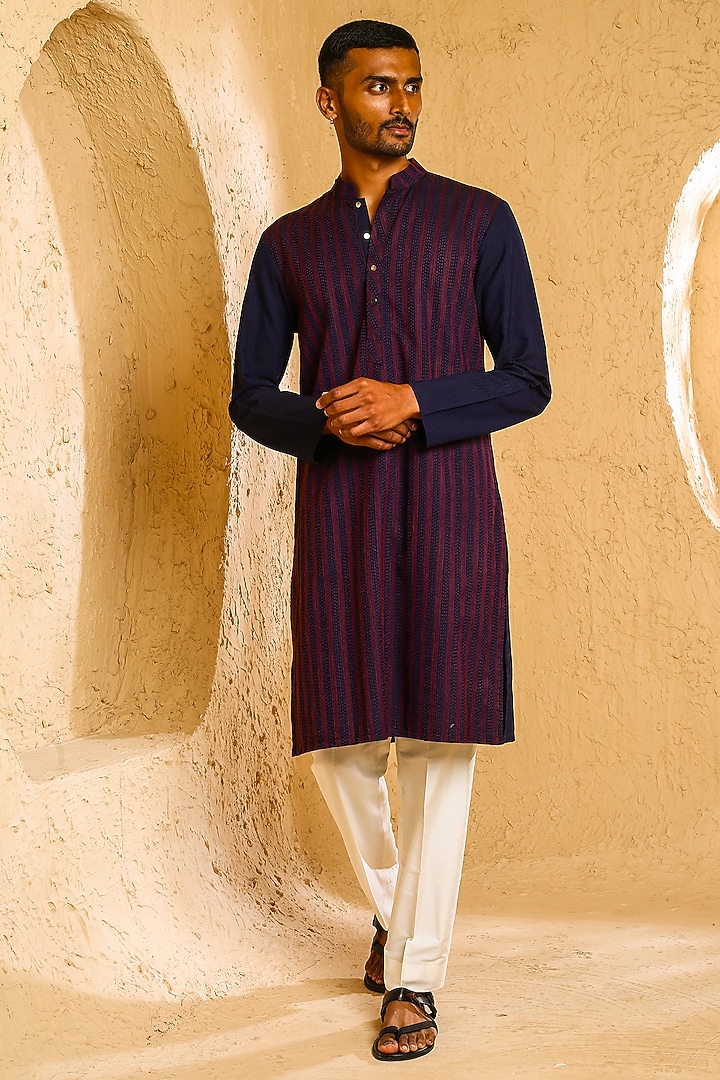 Navy Blue & Maroon Cotton Silk Kurta Set by Chatenya Mittal at Pernia's Pop Up Shop