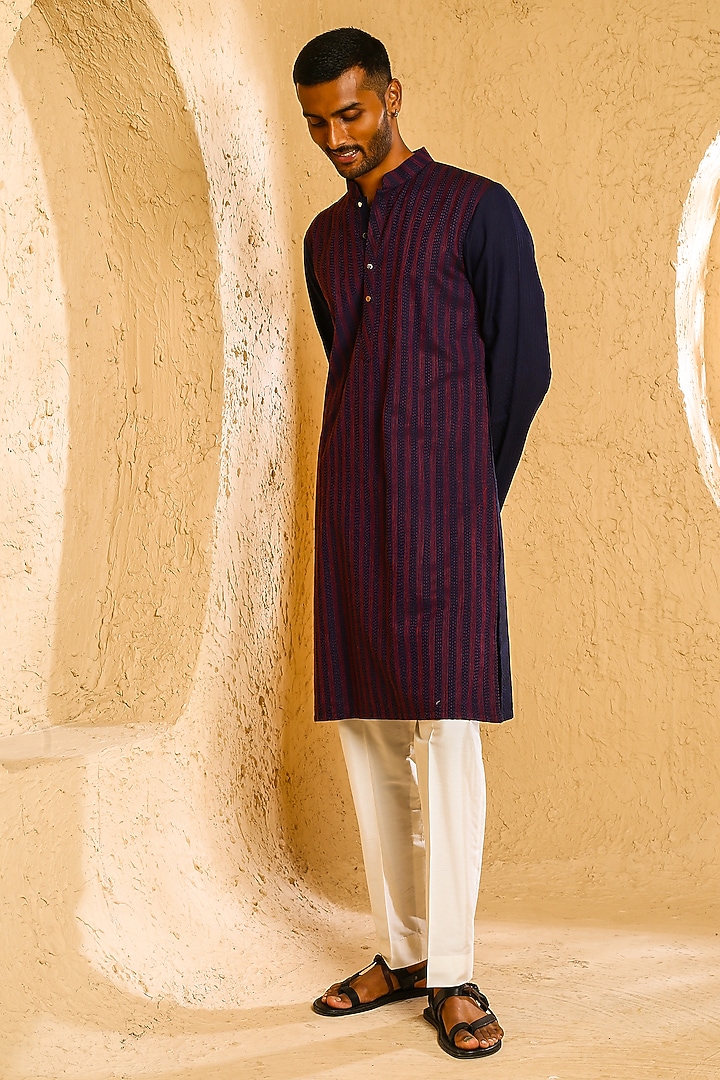 Navy Blue & Maroon Cotton Silk Kurta Set by Chatenya Mittal at Pernia's Pop Up Shop