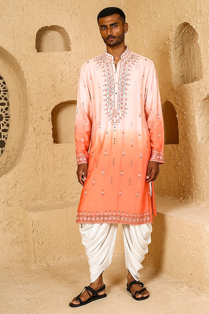 Pink & Peach Ombre Cotton Silk Mirror Work Kurta Set by Chatenya Mittal at Pernia's Pop Up Shop