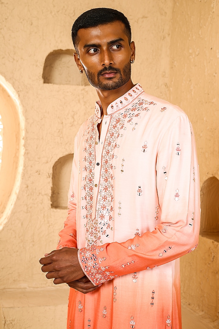 Pink & Peach Ombre Cotton Silk Mirror Work Kurta Set by Chatenya Mittal at Pernia's Pop Up Shop