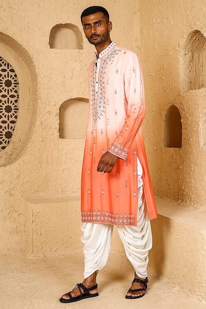 Pink & Peach Ombre Cotton Silk Mirror Work Kurta Set by Chatenya Mittal at Pernia's Pop Up Shop